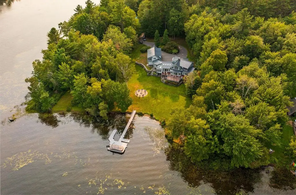 Aerial view of the 4.5 acre point and 345 feet of owned Wilson Lake frontage at 17 Point Road