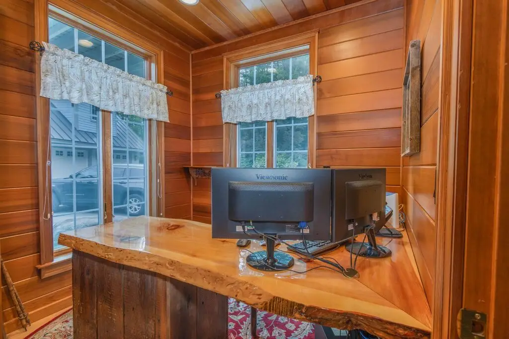 First-floor office with a live-edge wood desk