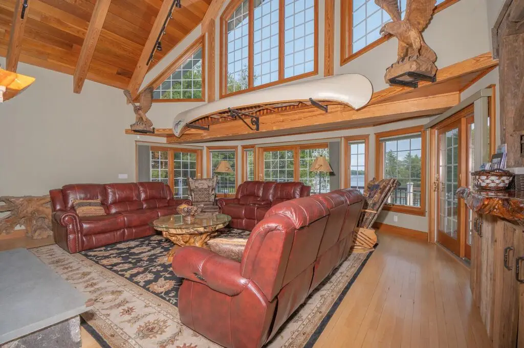 Great room with canoe detail and views across Wilson Lake