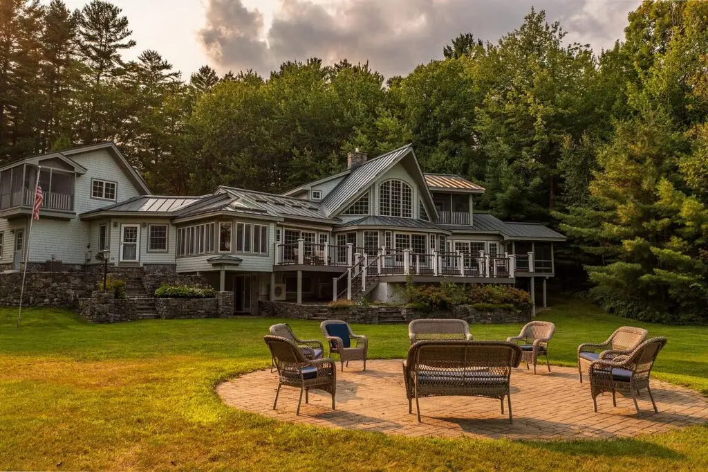 Firepit and stone patio at the water's edge on Wilson Lake
