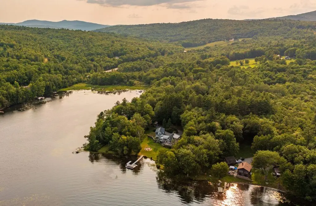 Wide aerial of the Wilson Lake lakefront at 17 Point Road