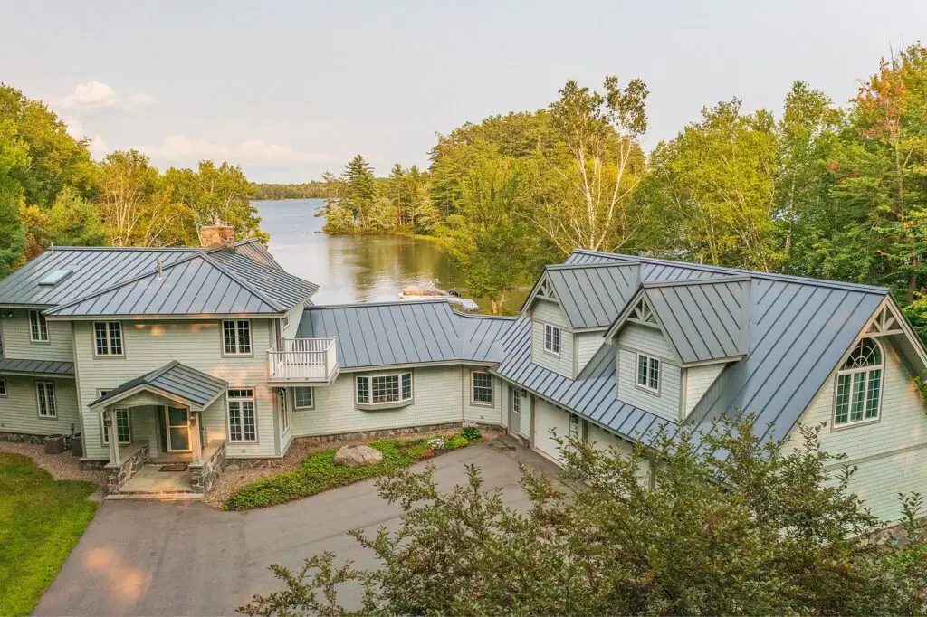 Aerial view of the front of the house with Wilson Lake behind
